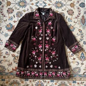 Vintage 100% Cotton Brown Velvet Coat with Floral Embroidery
